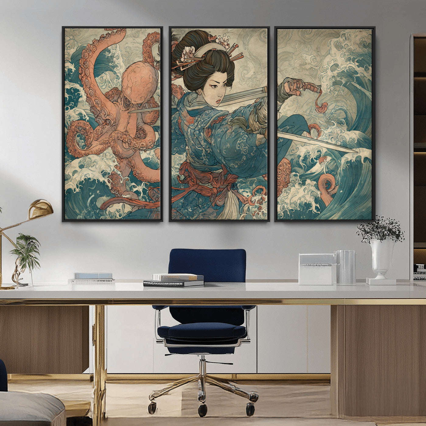 Tsukioka Yoshitoshi Samurai Wall Art Print, Japanese Katana Warrior Canvas Wall Art, Octopus Sea Monster Canvas Print,