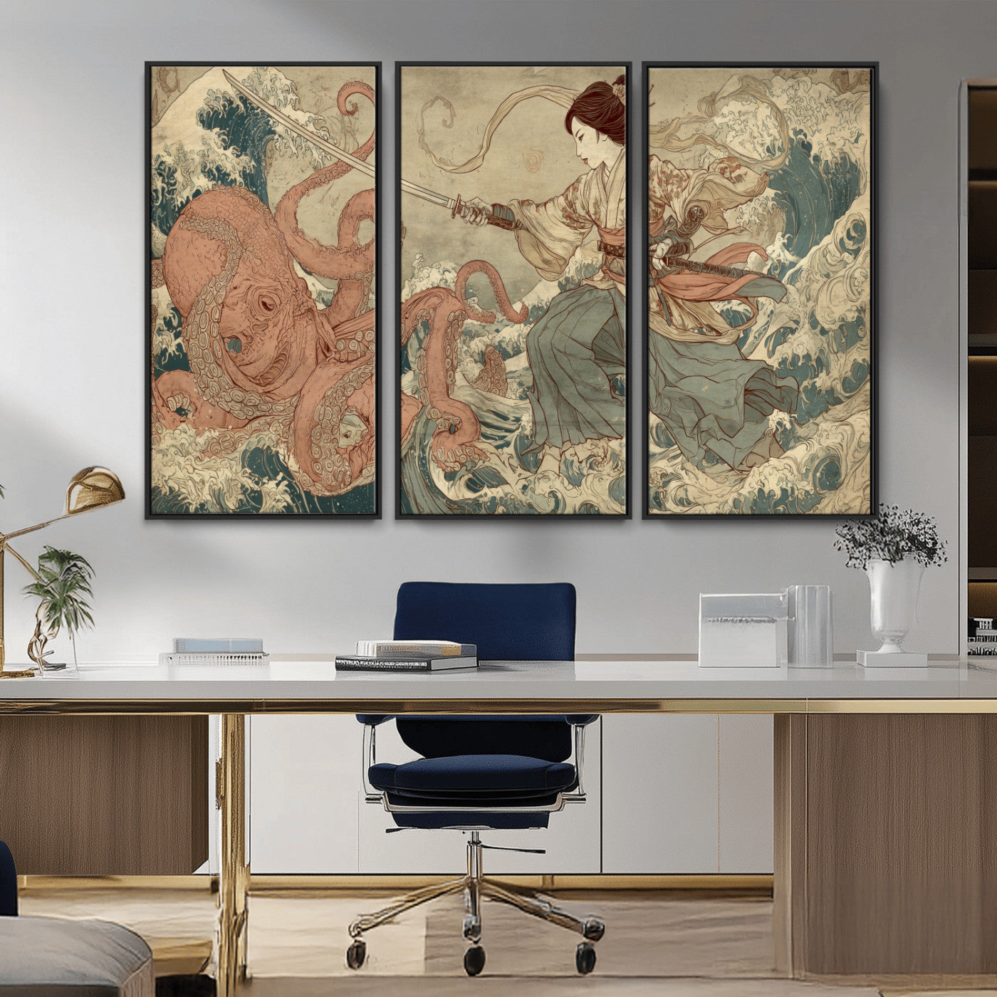 Tsukioka Yoshitoshi Samurai Wall Art Print, Japanese Katana Warrior Canvas Wall Art, Octopus Sea Monster Canvas Print,
