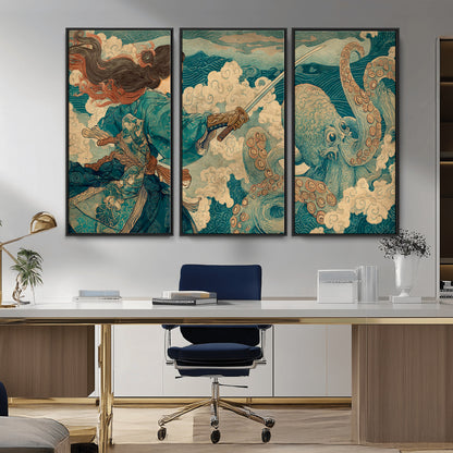 Tsukioka Yoshitoshi Samurai Wall Art Print, Japanese Katana Warrior Canvas Wall Art, Octopus Sea Monster Canvas Print,