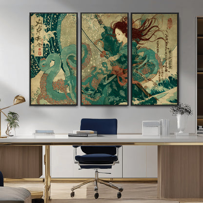 Tsukioka Yoshitoshi Samurai Wall Art Print, Japanese Katana Warrior Canvas Wall Art, Octopus Sea Monster Canvas Print,