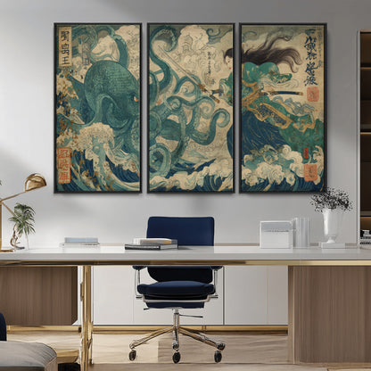 Tsukioka Yoshitoshi Samurai Wall Art Print, Japanese Katana Warrior Canvas Wall Art, Octopus Sea Monster Canvas Print,