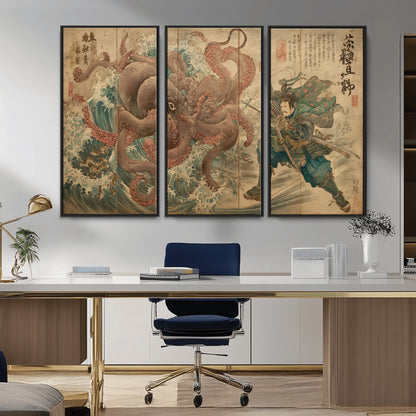 Tsukioka Yoshitoshi Samurai Wall Art Print, Japanese Katana Warrior Canvas Wall Art, Octopus Sea Monster Canvas Print,
