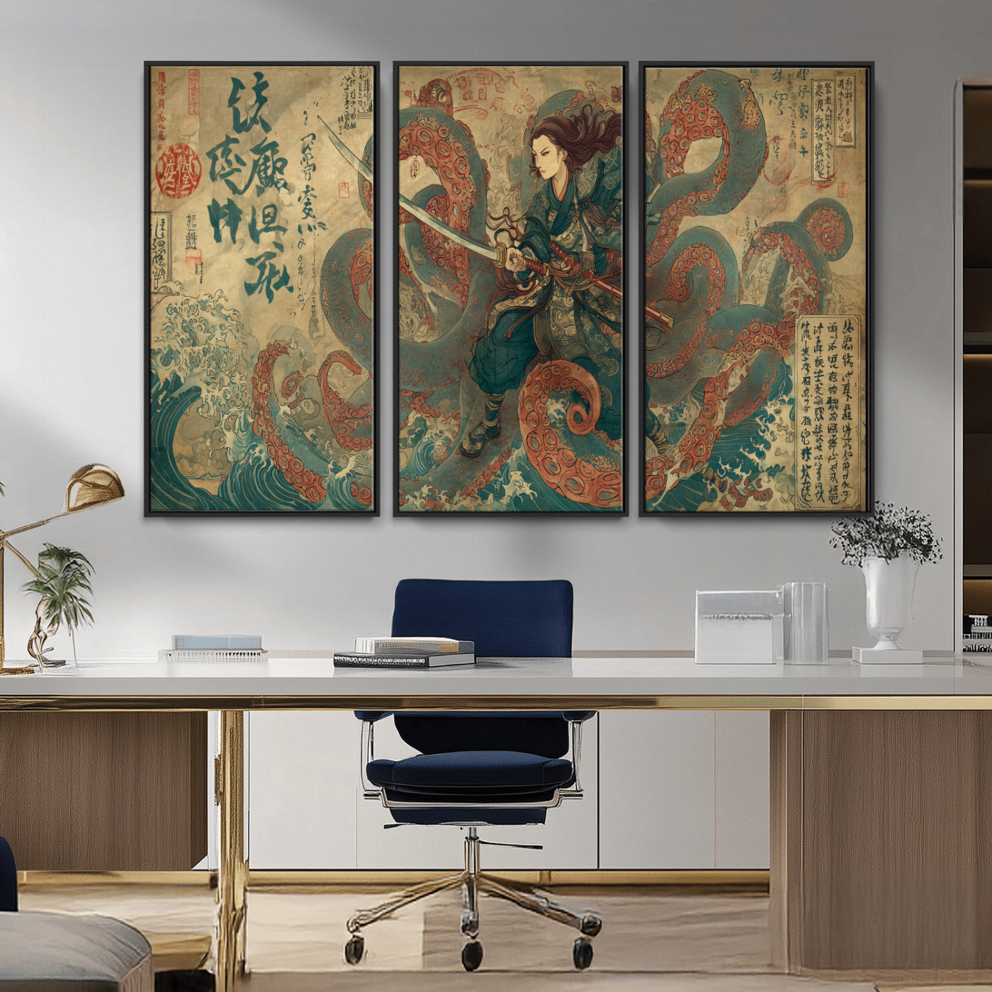 Tsukioka Yoshitoshi Samurai Wall Art Print, Japanese Katana Warrior Canvas Wall Art, Octopus Sea Monster Canvas Print,