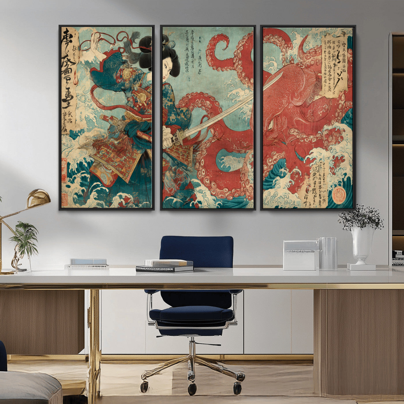 Tsukioka Yoshitoshi Samurai Wall Art Print, Japanese Katana Warrior Canvas Wall Art, Octopus Sea Monster Canvas Print,