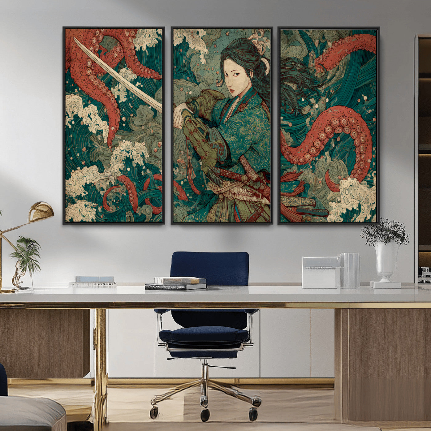 Tsukioka Yoshitoshi Samurai Wall Art Print, Japanese Katana Warrior Canvas Wall Art, Octopus Sea Monster Canvas Print,