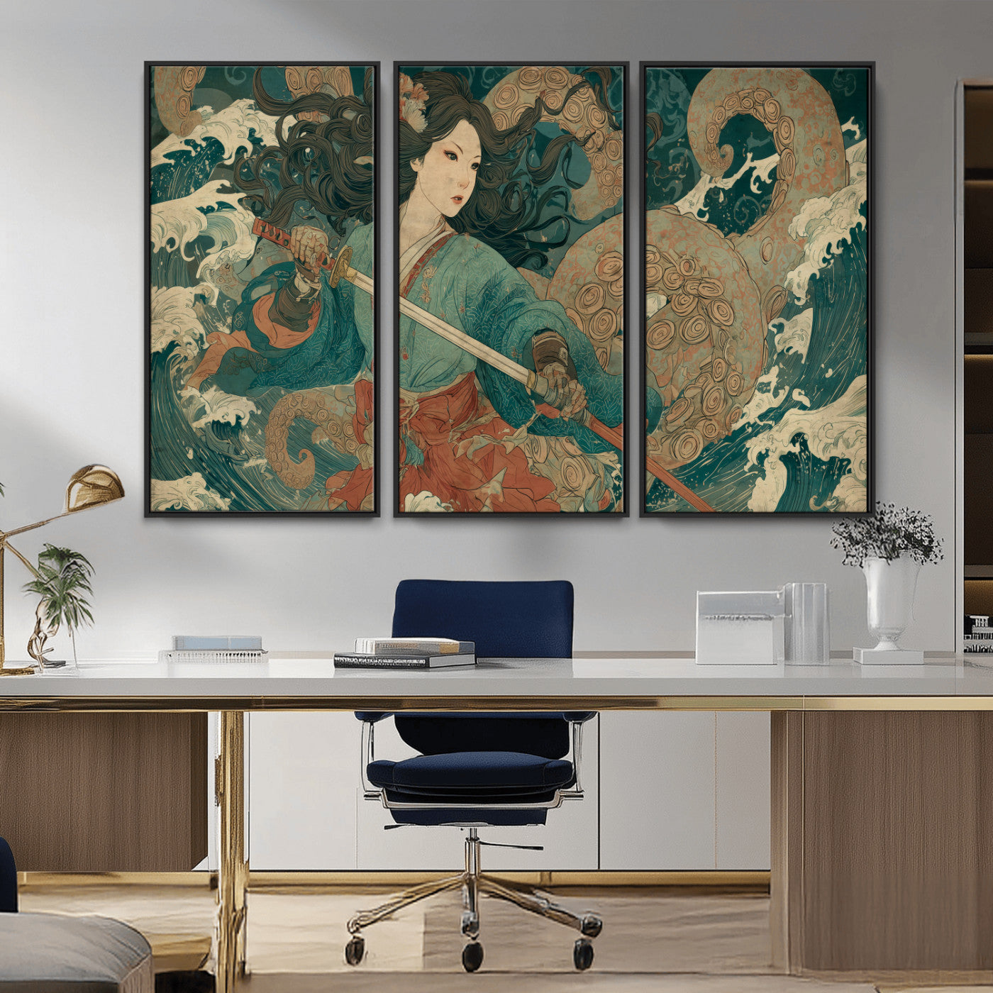 Tsukioka Yoshitoshi Samurai Wall Art Print, Japanese Katana Warrior Canvas Wall Art, Octopus Sea Monster Canvas Print,
