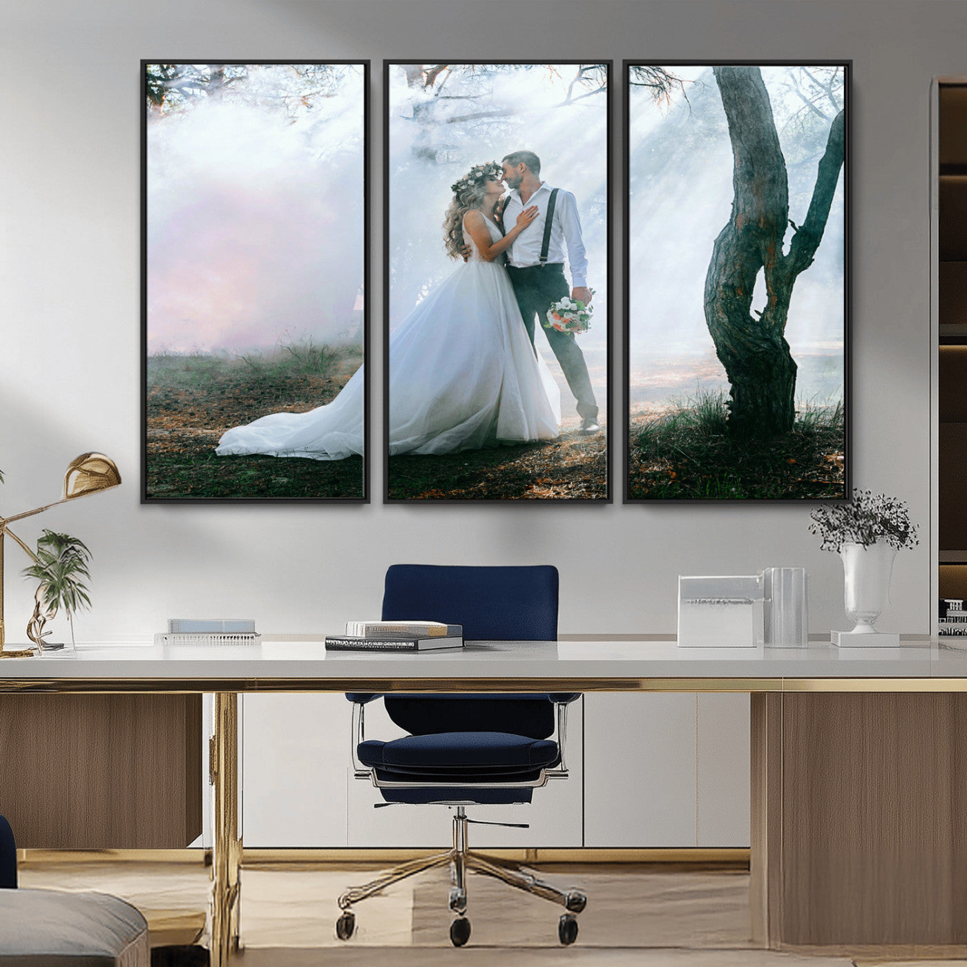 MGV-FC-48X32-3P - Forest Wedding Wall Art – Romantic Bride and Groom Canvas Print, Enchanted Woodland Photography Decor for Bedroom, Living Room, or Wedding Gift