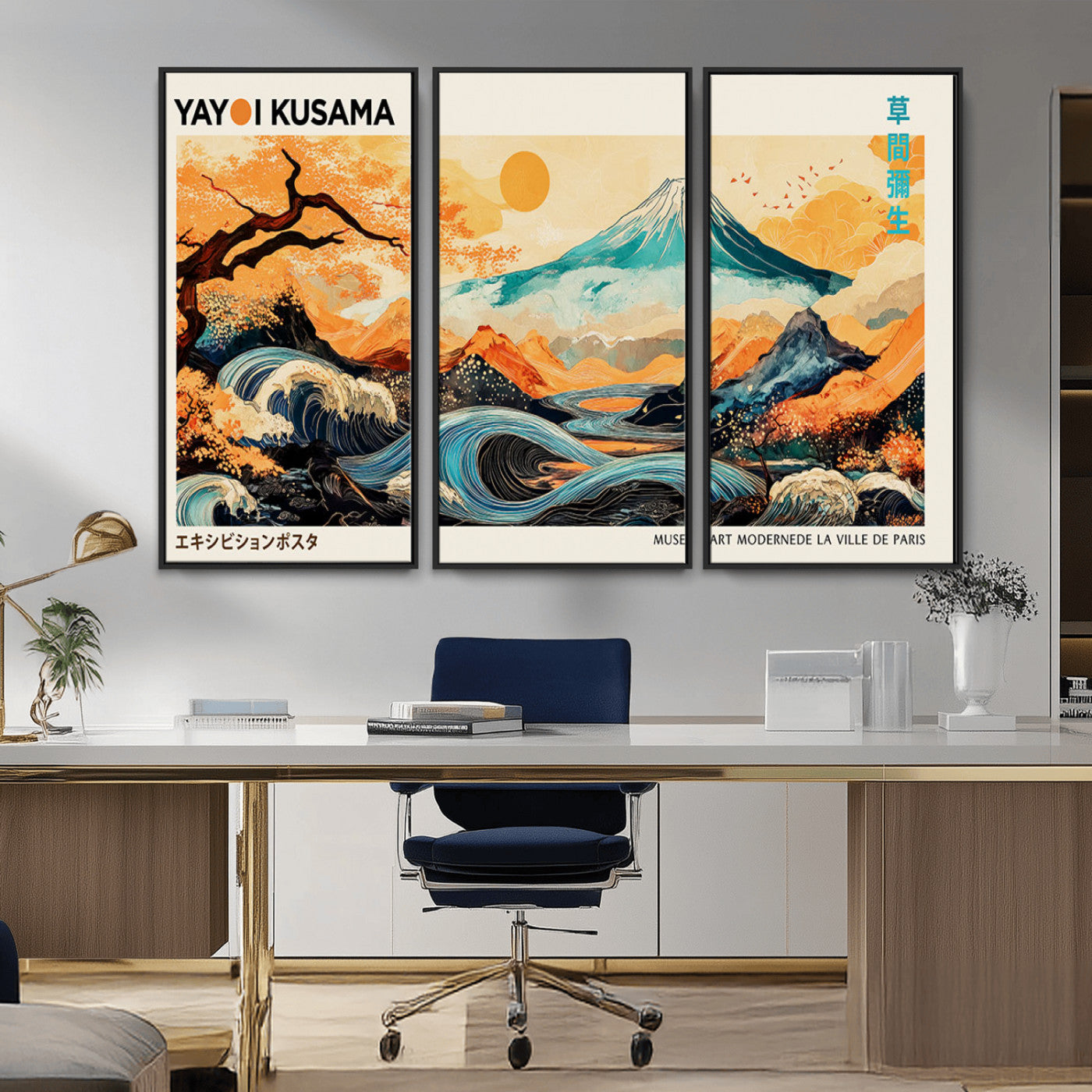 Modern Japanese-style art print featuring a stylized Mount Fuji, flowing waves, and vibrant landscapes in bold colors, inspired by traditional and contemporary aesthetics.