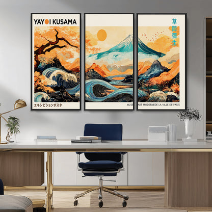 Modern Japanese-style art print featuring a stylized Mount Fuji, flowing waves, and vibrant landscapes in bold colors, inspired by traditional and contemporary aesthetics.