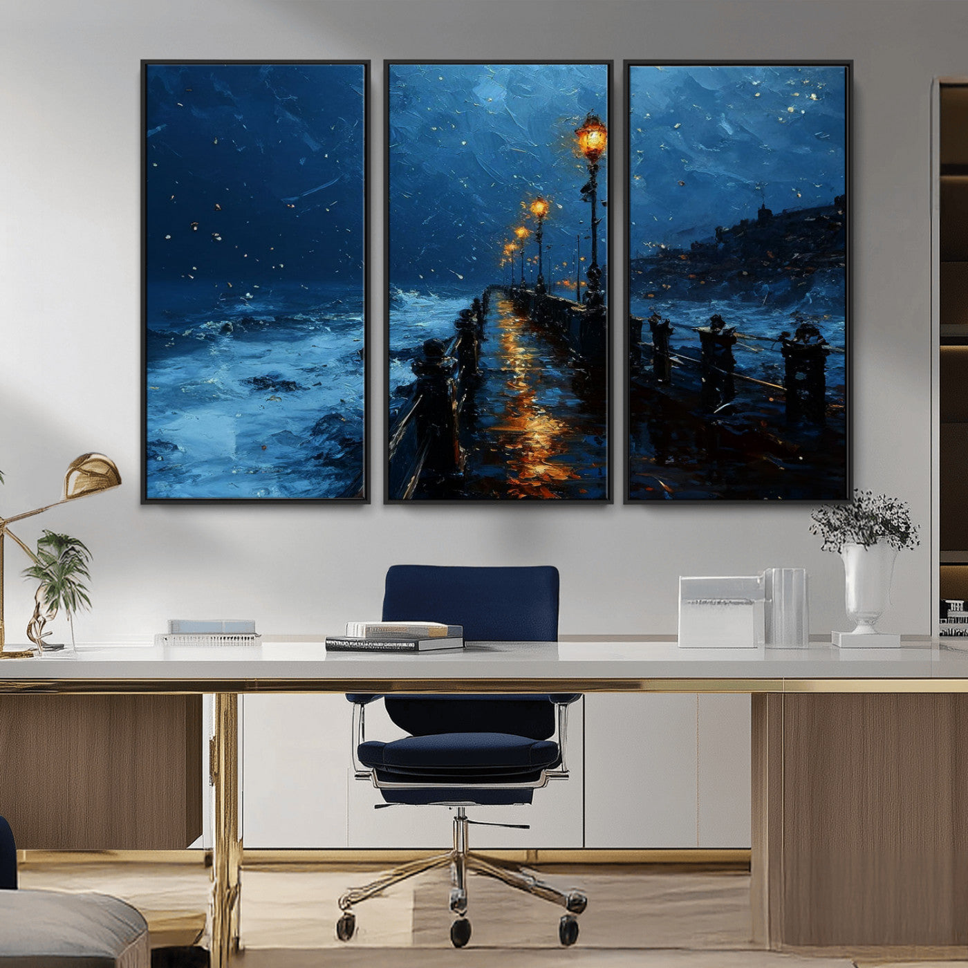 "Impressionistic painting of a rainy pier at night with glowing street lamps reflecting on the wet surface, ocean waves crashing under a dark blue sky."