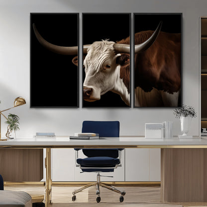 "Close-up of a brown and white longhorn cow with prominent curved horns against a black background."