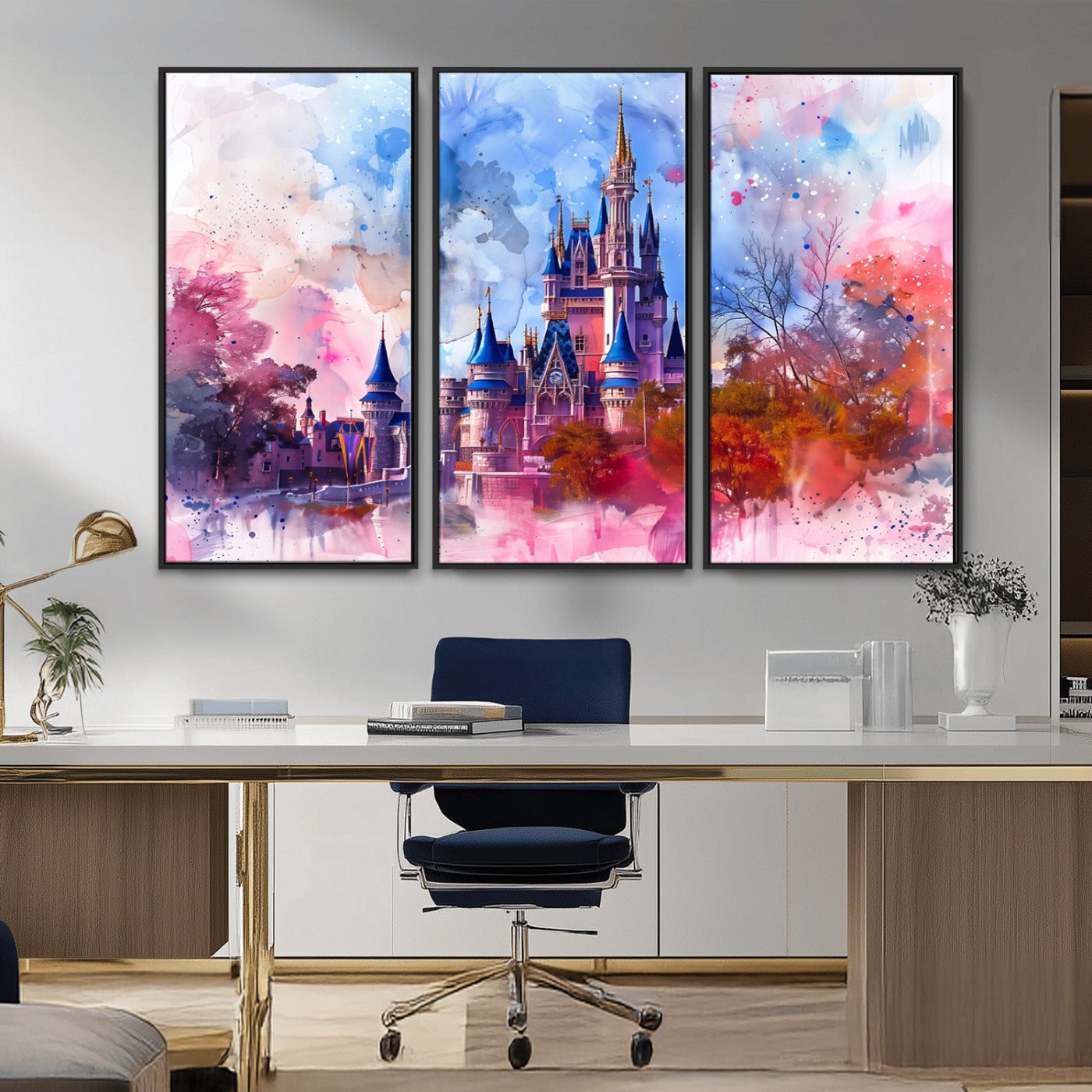 Watercolor canvas of a dreamy Disney-style castle in pastel pink and blue tones, perfect for fairytale or whimsical home decor.
