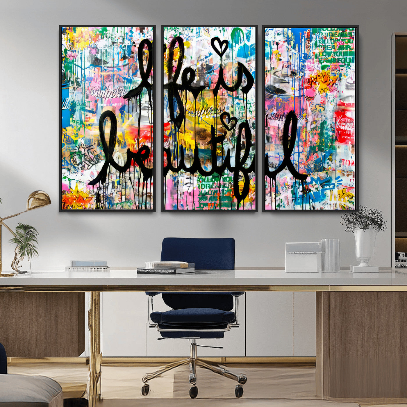 Colorful urban-style canvas with graffiti text “Life is Beautiful” in black paint, ideal for bold or street-themed home decor.