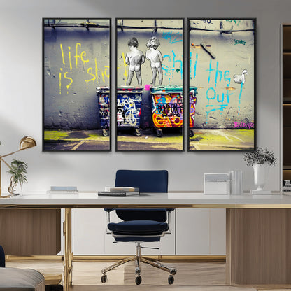 Graffiti-style canvas art with bold text and two naked figures over urban dumpsters, ideal for edgy or street-style decor.