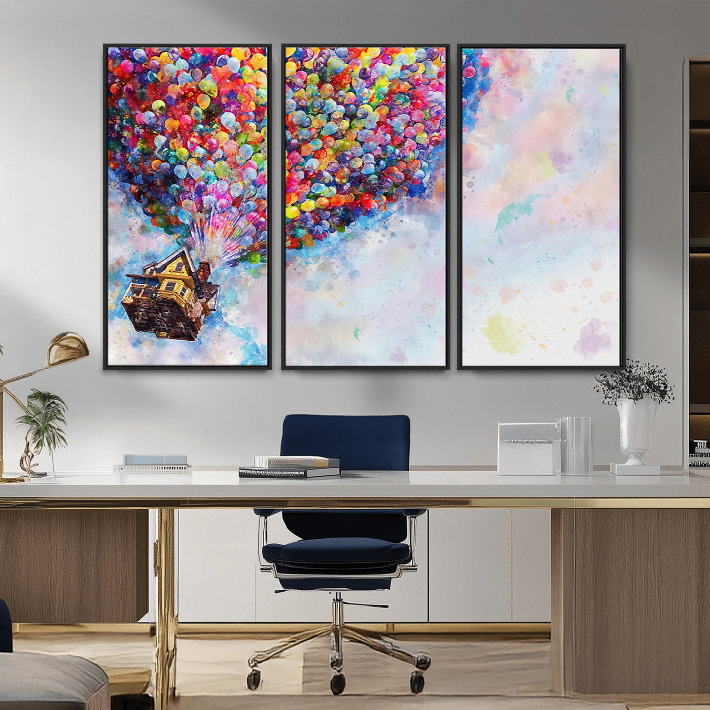 Whimsical canvas of the house from the movie Up flying with colorful balloons, ideal for Pixar or animation-themed decor.