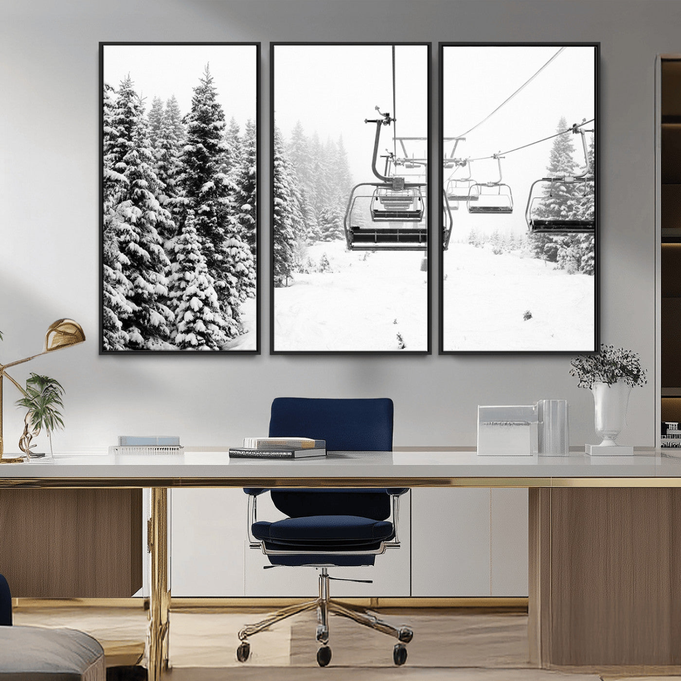 Black and white canvas of empty ski lifts over a snowy pine forest, perfect for minimal winter or ski lodge-inspired decor.