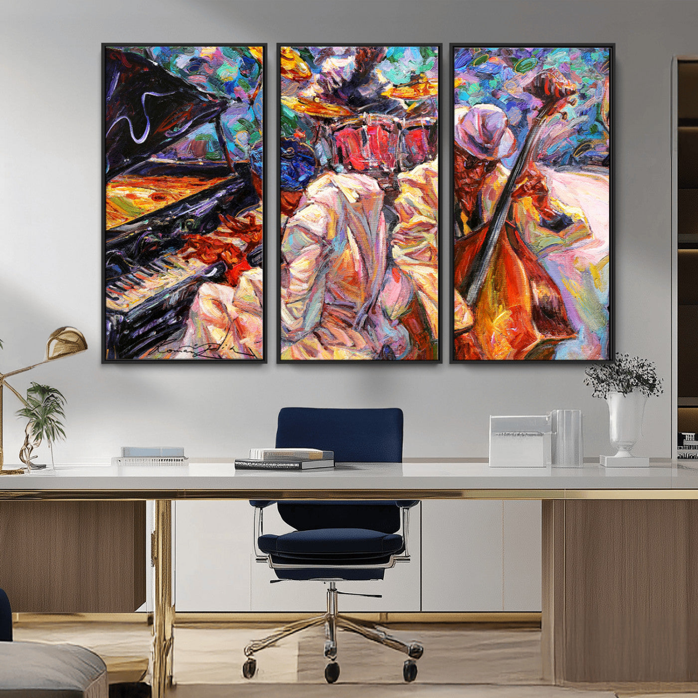 Vibrant oil painting of a jazz band with piano, saxophone, and bass, ideal for colorful and expressive music-themed home decor.