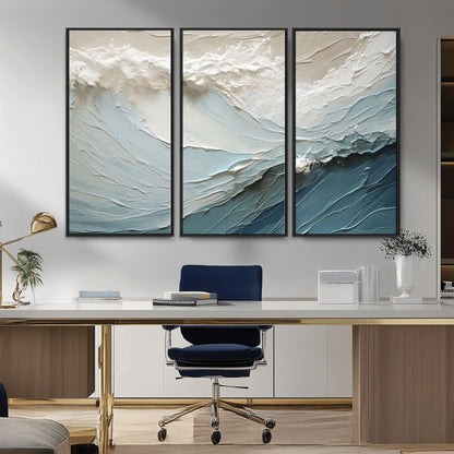 Textured canvas of ocean waves in soft coastal blues and creamy whites, ideal for modern or minimalist coastal-style interiors.