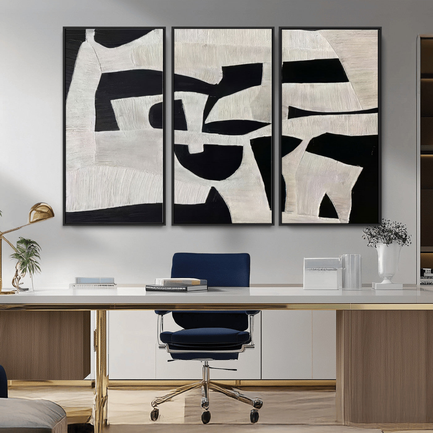 Minimalist black and white canvas featuring bold abstract textures and geometric shapes, ideal for modern neutral decor.