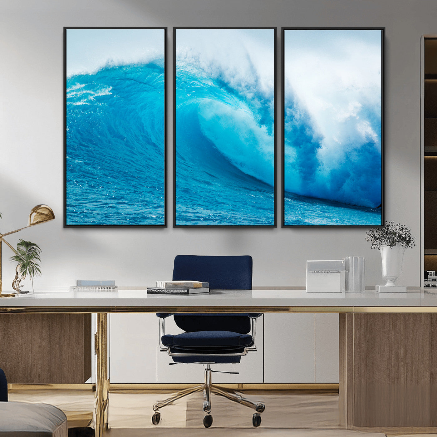 Vibrant canvas of a powerful curling ocean wave in tropical blue tones, perfect for coastal or surf-inspired decor settings.