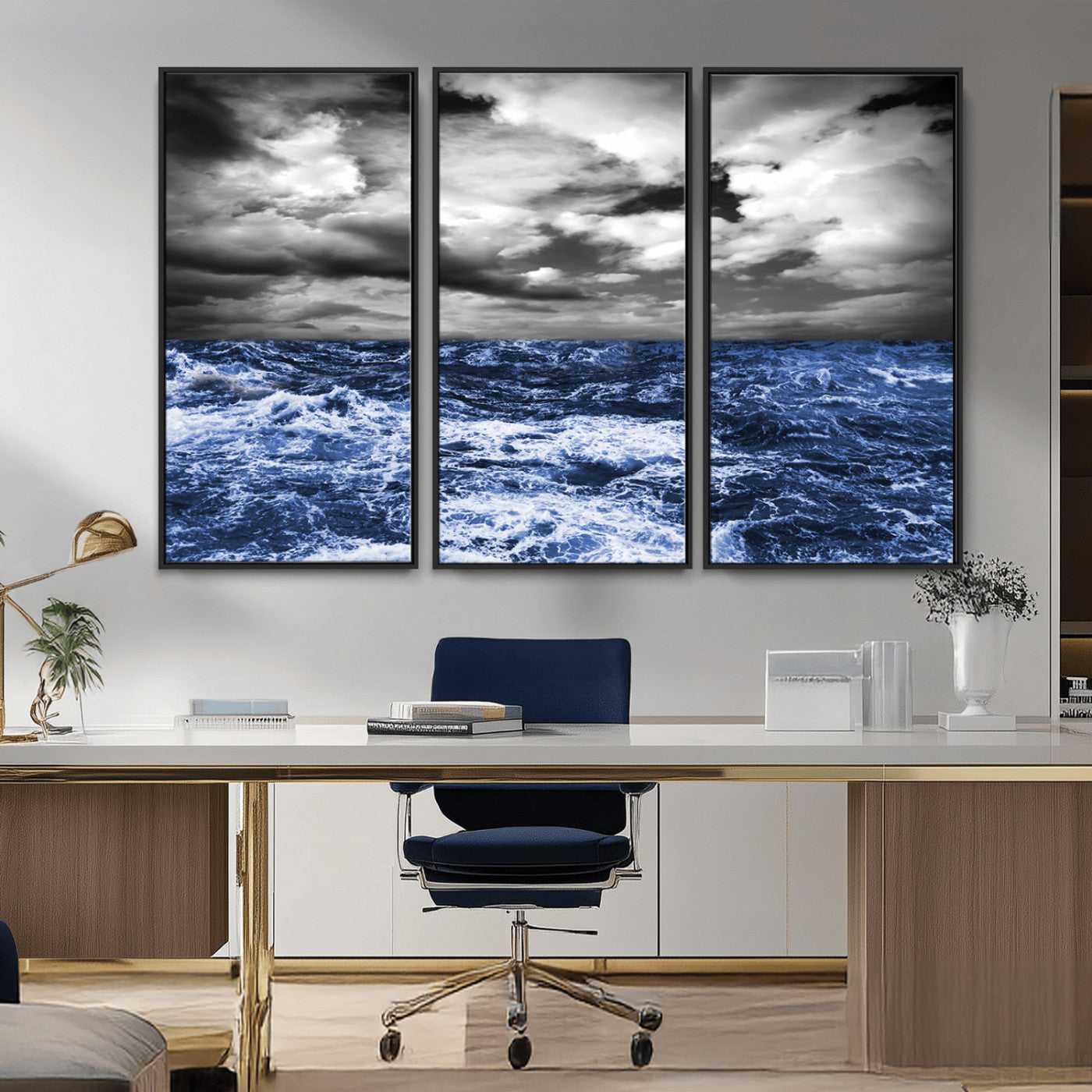 Moody canvas wall art of a stormy ocean under a dramatic black-and-white sky, perfect for bold or coastal-style interiors.