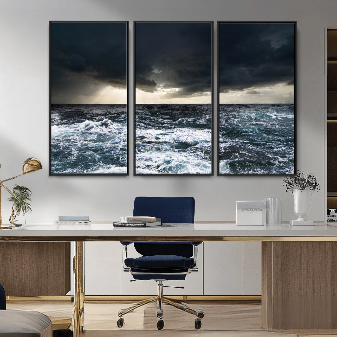 Moody ocean scene with stormy skies and crashing waves, perfect for dramatic or coastal-style home wall decor.