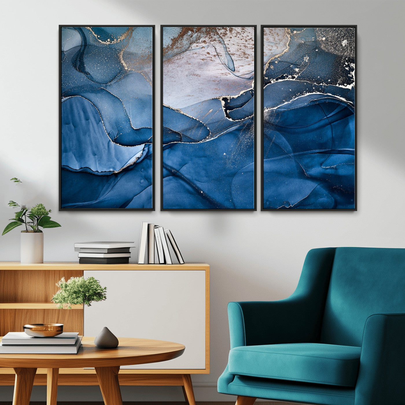 -Abstract Blue Gold Fluid Art Wall Decor – Modern Canvas Print, Elegant Home & Office Wall Art, Stylish Living Room or Bedroom Decoration