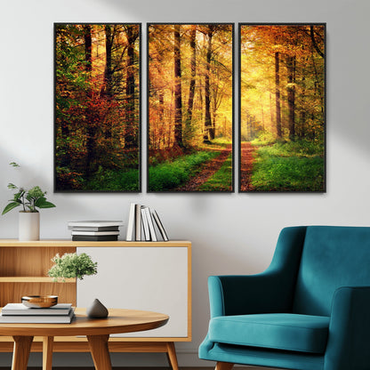73494-MGV-CV-36X24-Golden Autumn Forest Path Wall Art – Sunlit Woodland Canvas Print, Fall Nature Landscape Home Decor