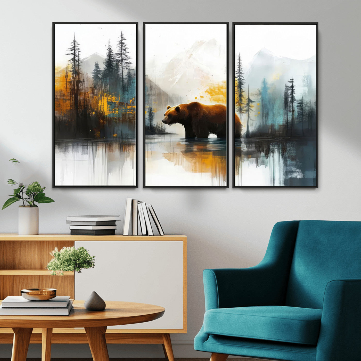 A majestic bear stands by the serene waters of a misty forest, surrounded by towering trees and distant mountains, evoking the raw beauty and wild spirit of nature.
