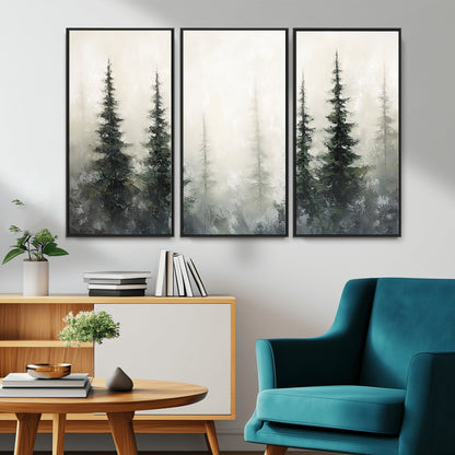 Soft and misty pine forest painting in neutral earthy tones, ideal for calm woodland or minimalist rustic home decor.