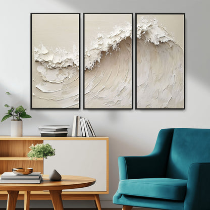 Textured canvas of an abstract white ocean wave in neutral tones, ideal for modern coastal or minimalist home decor.