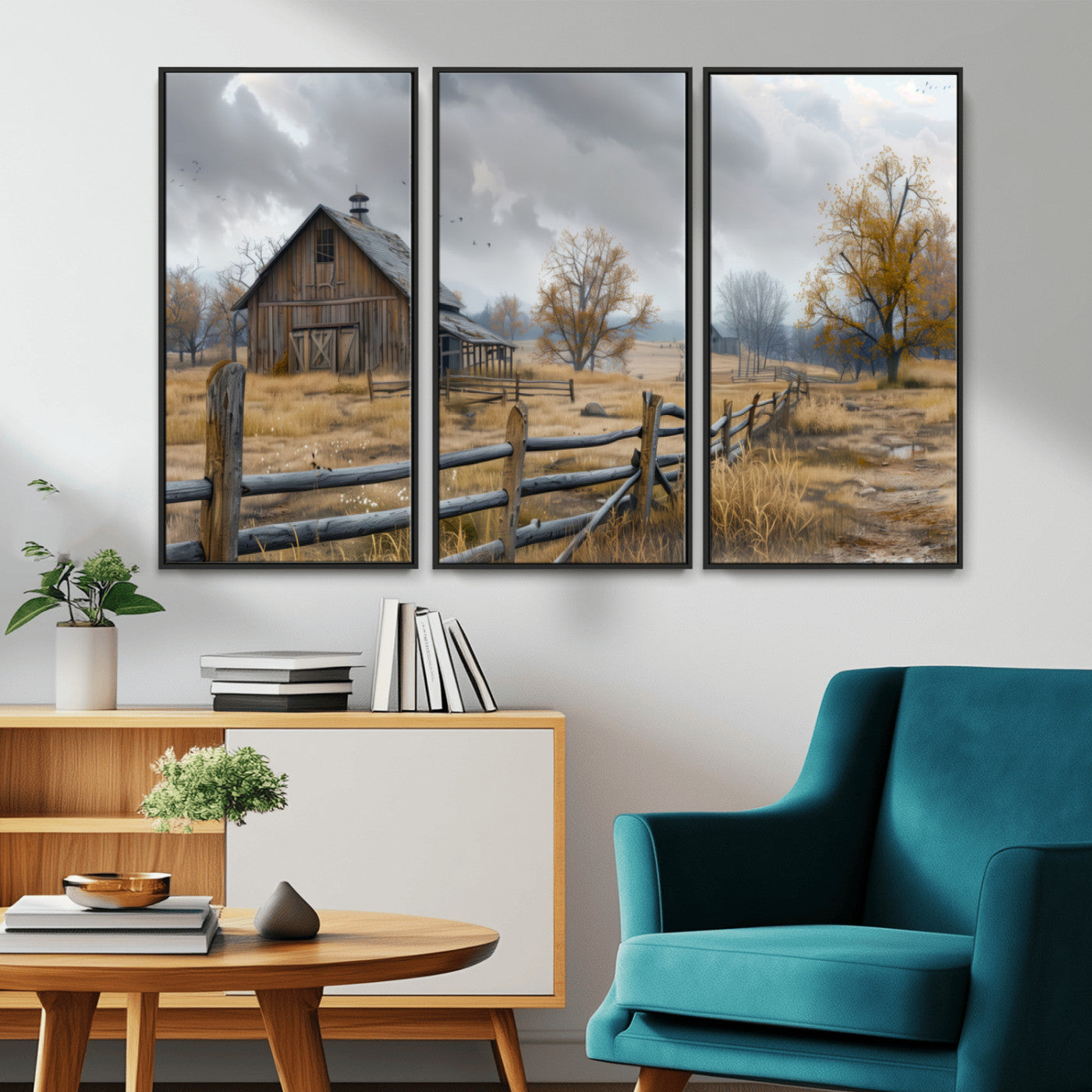 A tranquil rural scene featuring a rustic barn, overcast skies, and golden fields with scattered trees, evoking a sense of peaceful solitude in nature.