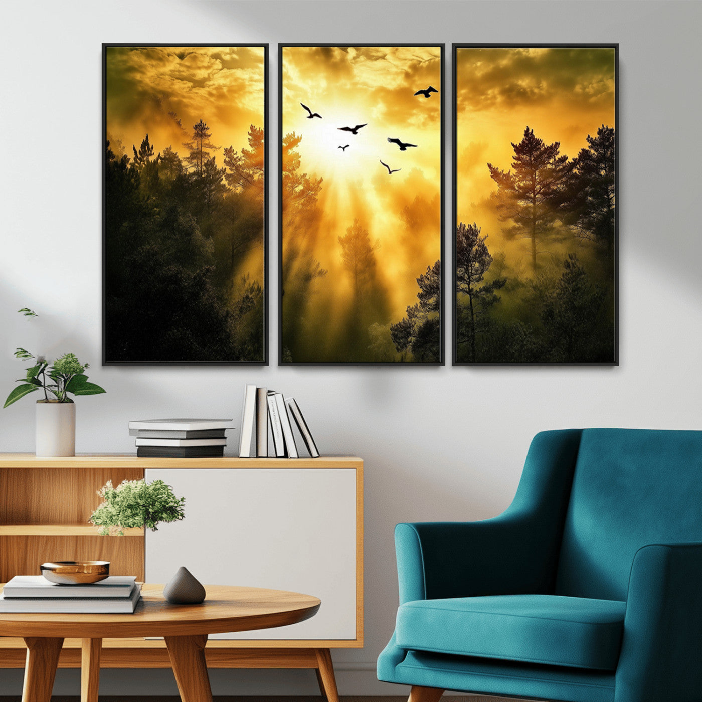 Canvas of a golden forest at sunset with birds flying through glowing sunbeams and silhouetted pine trees, ideal for warm-toned rustic decor.