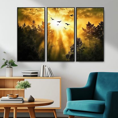 Canvas of a golden forest at sunset with birds flying through glowing sunbeams and silhouetted pine trees, ideal for warm-toned rustic decor.
