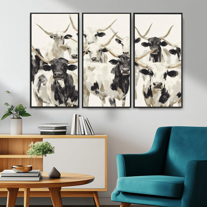 Canvas of a Texas Longhorn cattle herd in neutral black and white tones, ideal for rustic farmhouse or western-themed decor.