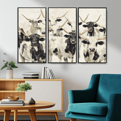 Canvas of a Texas Longhorn cattle herd in neutral black and white tones, ideal for rustic farmhouse or western-themed decor.