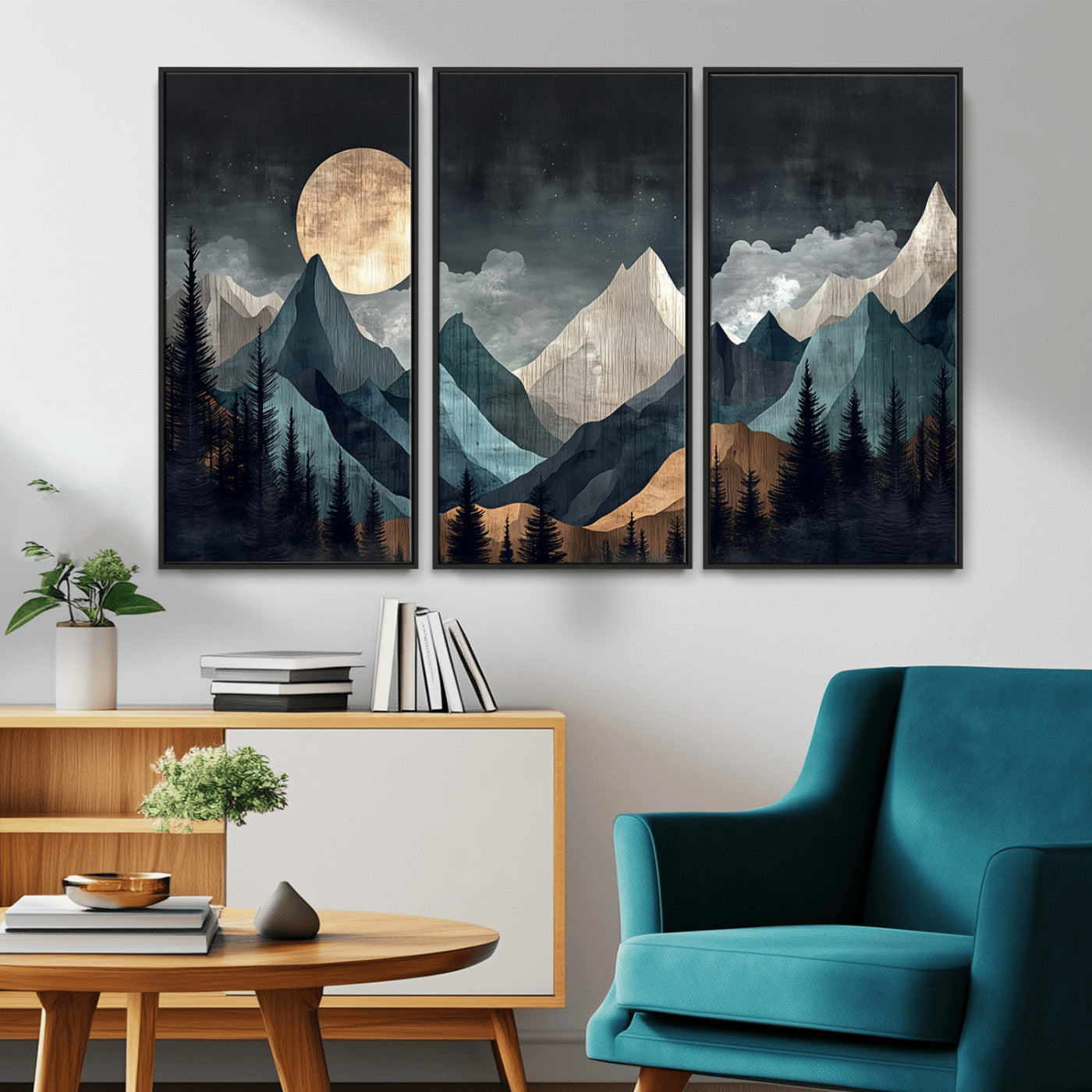 Stylized canvas of layered mountains under a full moon in neutral moody tones, ideal for nature-inspired or modern rustic interiors.