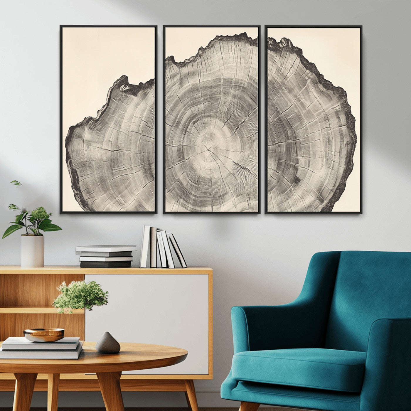 Detailed tree ring drawing in monochrome tones, ideal for rustic or nature-inspired interiors with a minimal decor aesthetic.