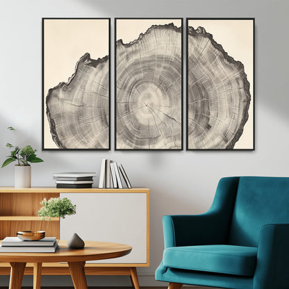 Detailed tree ring drawing in monochrome tones, ideal for rustic or nature-inspired interiors with a minimal decor aesthetic.
