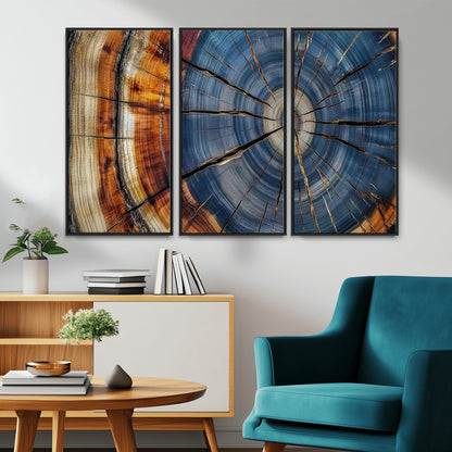 A stunning close-up view of a tree trunk, showcasing the intricate growth rings in a vibrant mix of warm browns, cool blues, and hints of natural texture.