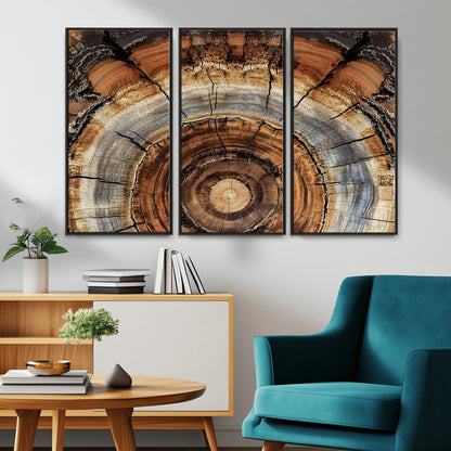 Canvas of tree rings and natural wood grain in earthy tones, ideal for rustic or vintage-inspired home decor with organic textures.