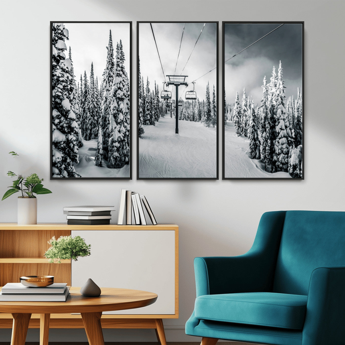 Canvas of a snowy ski lift scene through a forest of tall pine trees, ideal for moody winter or alpine-themed home decor.