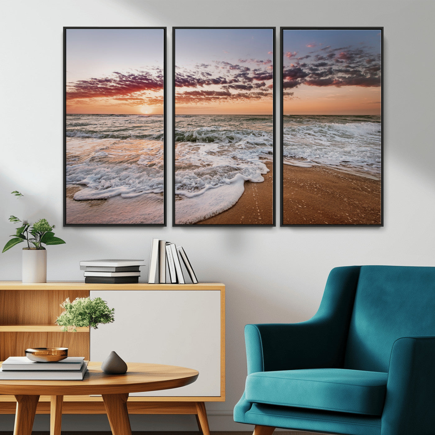 Canvas of a sunset over a foamy ocean shore with warm light and gentle waves, ideal for coastal or beach-themed home decor.