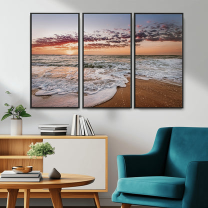 Canvas of a sunset over a foamy ocean shore with warm light and gentle waves, ideal for coastal or beach-themed home decor.