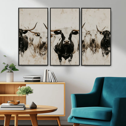 Illustrated herd of longhorn cattle in black and white tones with a neutral textured background, perfect for rustic or farmhouse-style decor.