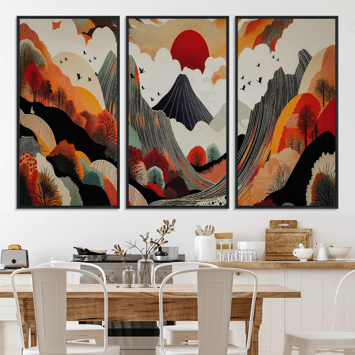 Abstract Mountain Wall Art Canvas Print, Vibrant Landscape Print, Framed Stylized Nature Drawing Art Print, Large Sunset Mountains Printing Perfect for Contemporary Minimalist Decor
