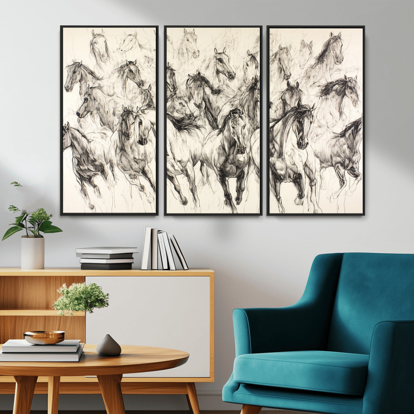 Monochrome ink sketch of galloping horses in dynamic motion, perfect for western or equine-themed wall decor with bold artistic energy.