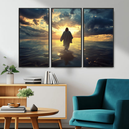 Spiritual artwork of Jesus walking on water at golden hour with divine light, ideal for Christian home decor or prayer room.