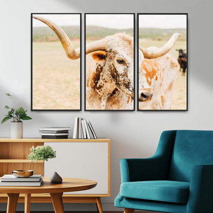 Close-up of a speckled Texas Longhorn in warm prairie tones, perfect for rustic western or countryside-themed room decor.