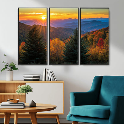 Vibrant sunset over autumn mountains with colorful trees and warm light, ideal for nature lovers or cabin-style wall decor.